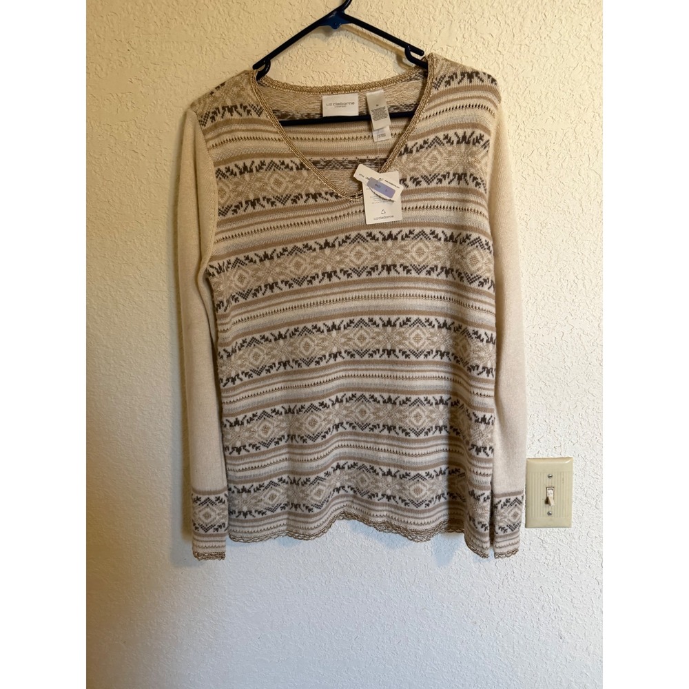 Liz Claiborne Lizsport Womens Fair Isle Wool Blend V-Neck Sweater Tan Gold M NWT
